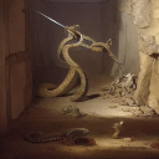 A warrior strikes a snake with it's sword in a cellar