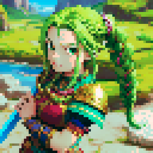 female warrior, vibrant green hair with braids, large sword, fantasy RPG character portrait