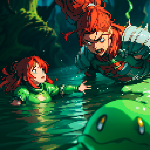 hero sinking into slime, hero drowning in slime, hero has red hair, hero has silver armor, reaching up, panic, sinking deep into slime