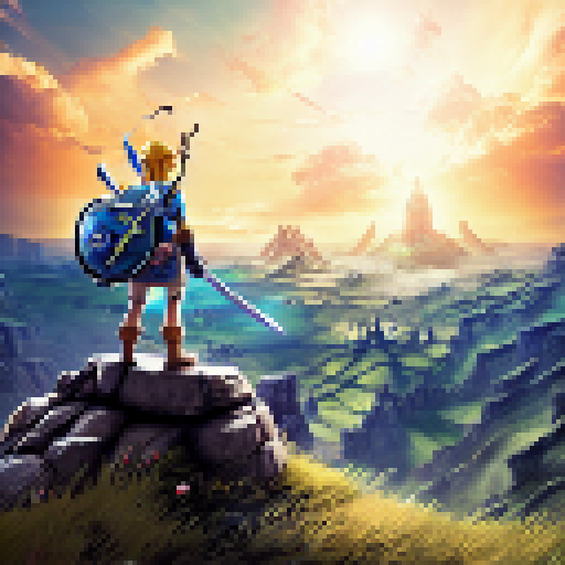 Link from legend of zelda standing on a mountaintop overlooking Hyrule field
