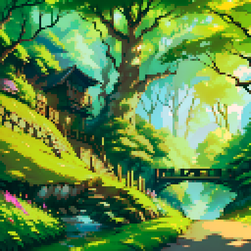 forest, small hut, moss-covered stones, towering trees, dappled sunlight, winding path, rustic wooden sign, lush foliage, vibrant flowers, trickling stream, quaint bridge, gentle breeze, golden hour, soft shadows, distant mountains
