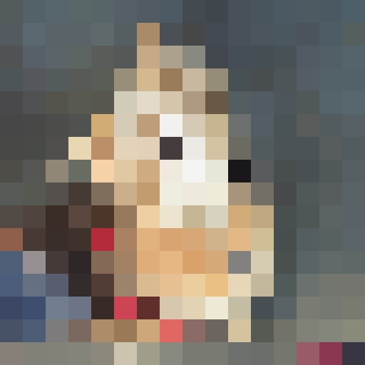 A 16х16 pixel portrait of a medium-sized dog with fluffy fur. The dog has a bright, shaggy golden coat with black patches on its back and ears. Its ears are medium length, slightly floppy, and the tail is bushy. The background should be white 