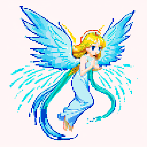 
Beautiful, ethereal angel with shimmering wings and flowing, liquid-like chrome body, rendered in minimalist pixel art with vibrant, dazzling sRGB colors. Big anime eyes. Visible nose. 
