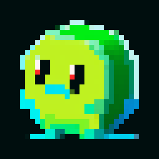 basic tiny slime, vibrant colors, blocky pixels, glossy texture, glowing eyes, transparent body, shimmering highlights, simplistic design, retro video game vibes, limited color palette