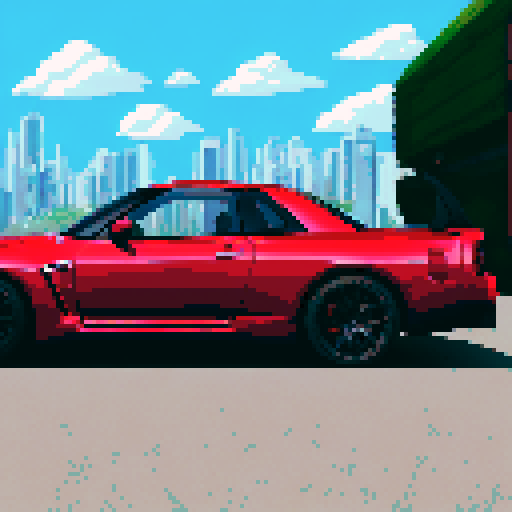 Photorealistic whole Nissan Skyline GT-R, three-quarter view, right front wheel, clean background, sRGB colors, pixel art style
