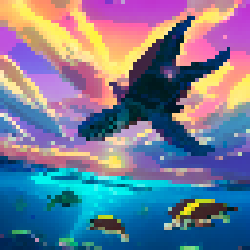 Majestic sea turtles and colorful sea creatures frolic in crystal clear waters while a vibrant sunset paints the sky in a Ghilbi Studio-inspired anime beach scene.