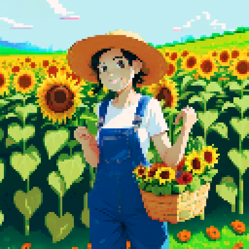 happy, female male farmer in pixel art style, black hair, surrounded by vibrant green fields, wearing worn-out denim overalls and a straw hat, holding a basket full of freshly harvested carrots and a bouquet of sunflowers, with a content smile on his face, standing next to a rustic wooden cart filled with colorful fruits and vegetables