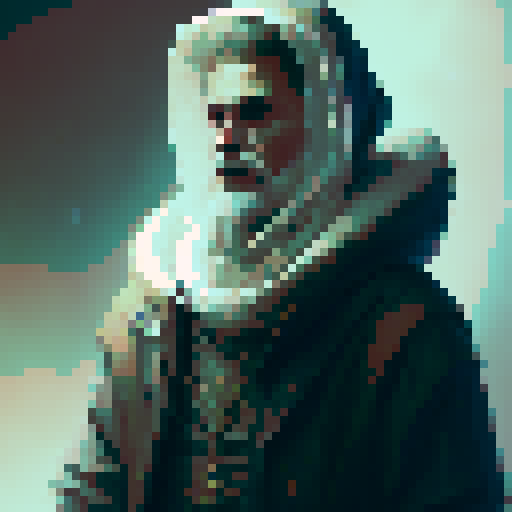 old librarian with a long beard portrait, hooded figure, fantasy RPG