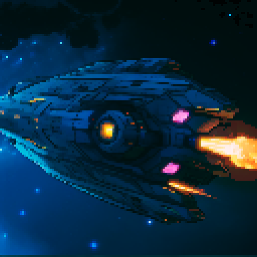 spaceship with sleek metallic exterior, glowing engine fires, starry backdrop, vibrant pixel art, sRGB colors
