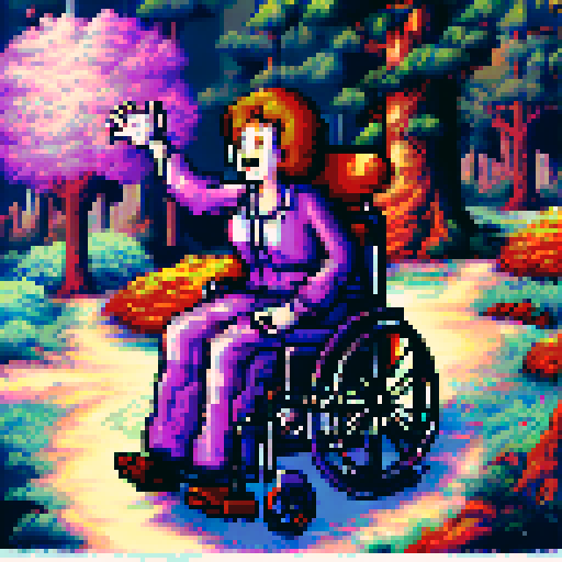 Wheelchair bound, colorful, vibrant, pixelated landscape, filled with blooming flowers and towering trees, against a backdrop of a clear blue sky