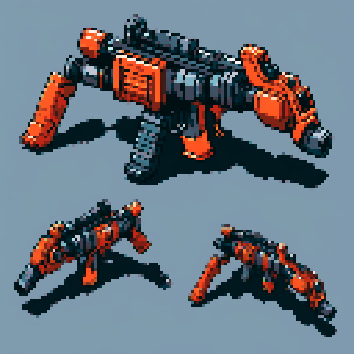 I want to see a minigun with 8 barrels floating in the center of the frame. It should have strange mechanical details that could interlock with others. I want this object usable an asset in a videogame, meaning only one object per image, outlined with a strong black stroke, on a solid-color background. 