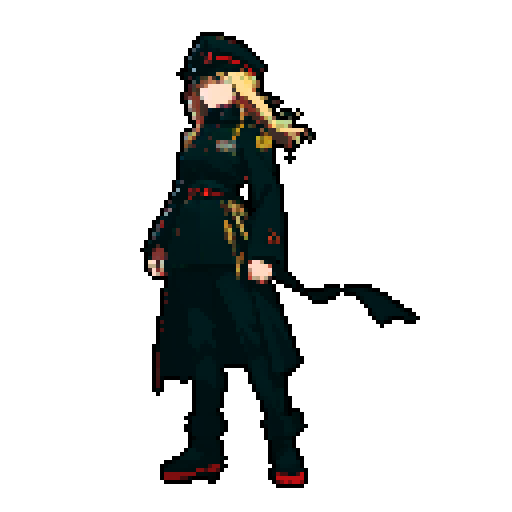 full-body image, military general woman, black uniform, black hat, army behind her, fortress, evil