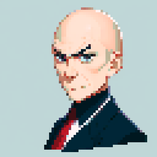 minister of foreign, serious expression, bald,  close-up, confident stance, anime style, pixel art, suit, front view, serious expression, 60-years-old