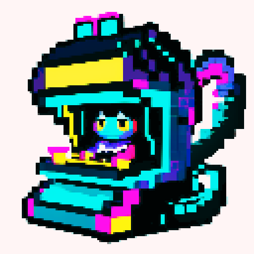 cute big head with indifferent facial expression, playing computer games, tables with coca cola, a large scorpion tail fully in the picture, bright yellow and cyan and pink lights