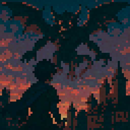 Black haired boy, facing giant monster, flying above in the sky, anime style, medieval, dusk, sRGB, pixel art