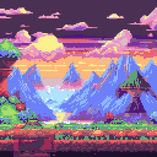 Pokemon, Chrono Trigger, vibrant colors, detailed sprite, towering mountains, flowing rivers, ocean, lighthouse, retro charm, pixelated characters, whimsical creatures, magical abilities, epic adventures, nostalgic journey, sRGB, pixel art, background, landscape