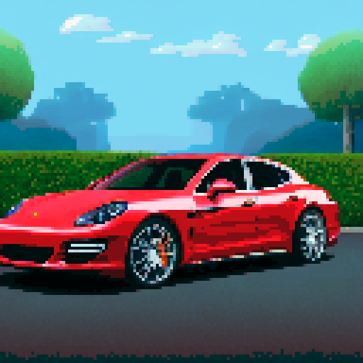 Photorealistic whole Porshe Panamera, three-quarter view, right front wheel, clean background, sRGB colors, pixel art style
