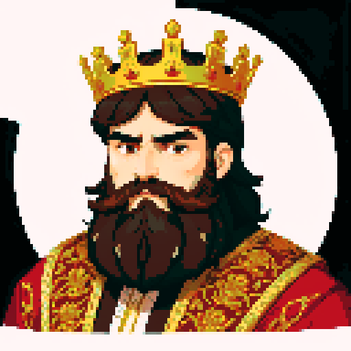 king, regal, crown, majestic, stoic expression, sharp features, detailed beard, royal robe, intricate embroidery, game icon,  sRGB, skill art, close up, portrait