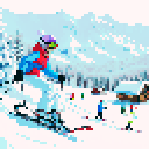 Snow-covered mountains, skiers gliding down slopes, ice skaters twirling on a frozen lake, snowboarders catching air in a halfpipe, snowflakes falling softly, cozy cabins nestled among tall pines, frosty breath in the air, snowshoers trekking through a winter wonderland, snowmobiles racing across a snowy landscape, colorful ski jackets and goggles