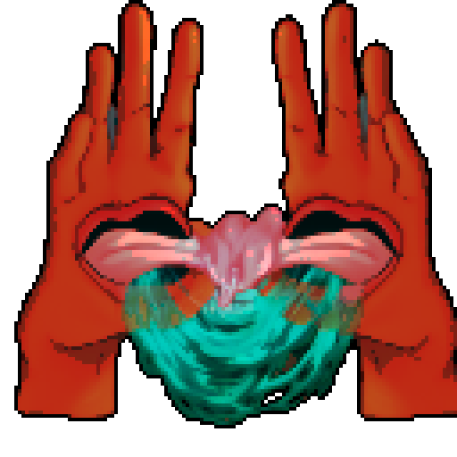 Hand monsters with a mouth and entwined tongue and saliva