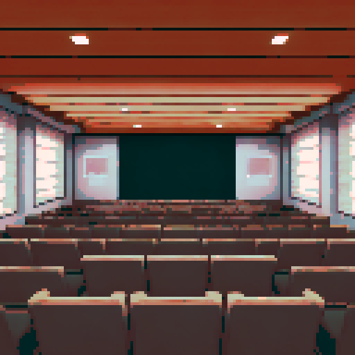 Cozy lecture hall with muted, sRGB pixel art in greys and browns, featuring a serene background landscape