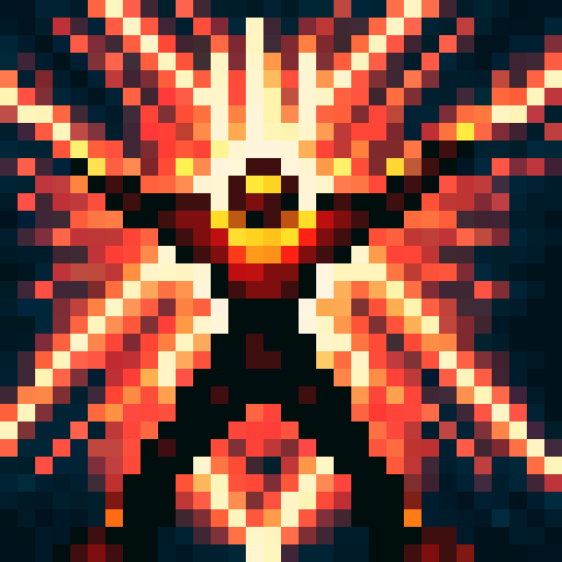 Create a fiery, high-energy portrait of a small but powerful robot exploding in vivid pixel art reminiscent of a classic game icon, with a close-up view that showcases the intricate skill art involved in rendering every tiny, vibrant detail in sRGB color.