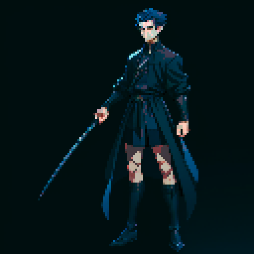 male character. black clothing. neutral pose. full body. Short, dark blue hair.