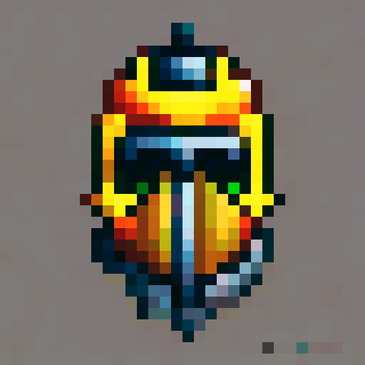 Horned, fiery demon hunter helmet with intricate engravings, glowing red eyes, and smoke billowing from the nostril-like vents, rendered in 32x32 pixel art for use as a game asset