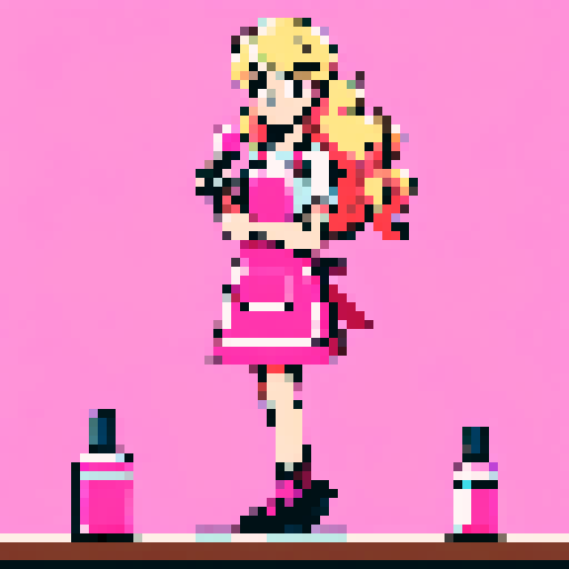 A girl with long blonde wavy long hair, wearing a pink apron and holding a nail polish bottle. 