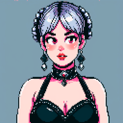curvy, busty cute goth babe with studded collar, hair in buns, wearing studded leather halter top, pixel art, sRGB, close-up portrait, large-breasted, whole head portrait