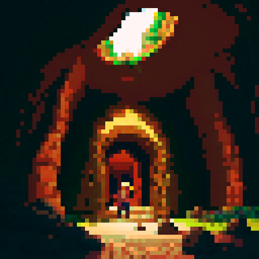  inside a cave where a person is hiding behind a stone pillar, observing a legendary earth dragon positioned near an ancient treasure chest. 