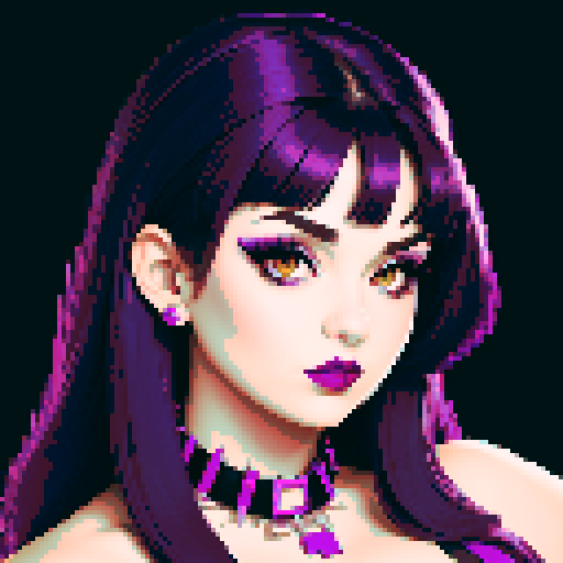 Thicc, busty goth girl, long purple hair, eyeliner, red lipstick, halter top, spiked collar, up close face portrait, vibrant sega genesis palette, pixel art portrait, 
