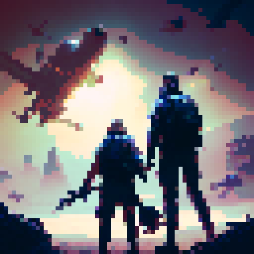 Grandparents, dressed in camouflage, standing shoulder to shoulder with machine guns in hand, badge logo no background