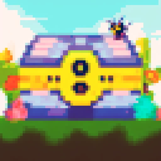 Create a pixel art treasure chest icon with a bee theme, front view only, to match reference images. Use golden-yellow and black, with honeycomb texture and bee details. Pixel art style should look like the reference image