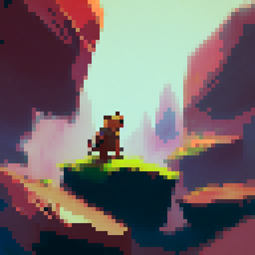 "Yogi Bear contemplates the vast, crimson terrain of Mars, surrounded by towering, rocky formations and a hazy, pink sky in a striking landscape portrait."