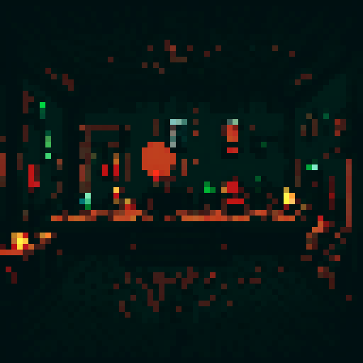 8-bit style with vibrant, retro colors, showcasing a pixelated dungeon room, reminiscent of classic video games