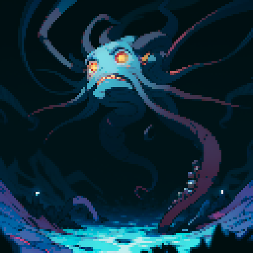 eldritch being, tentacles writhing, full body floating, brain pulsating, many eyes staring, eyeballs bulging, no humans, monsyer, sRGB pixel art