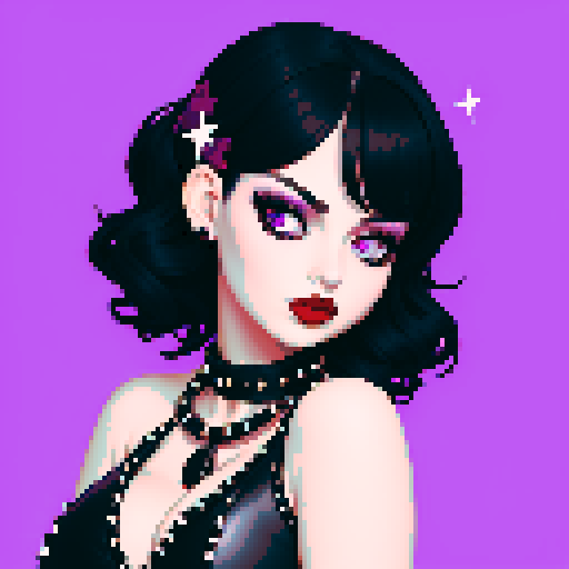 curvy, cute busty goth woman,  whole head portrait, black hair, purple eyeshadow, red lipstick, low cut black studded leather halter top, studded collar, vibrant sRGB colors.