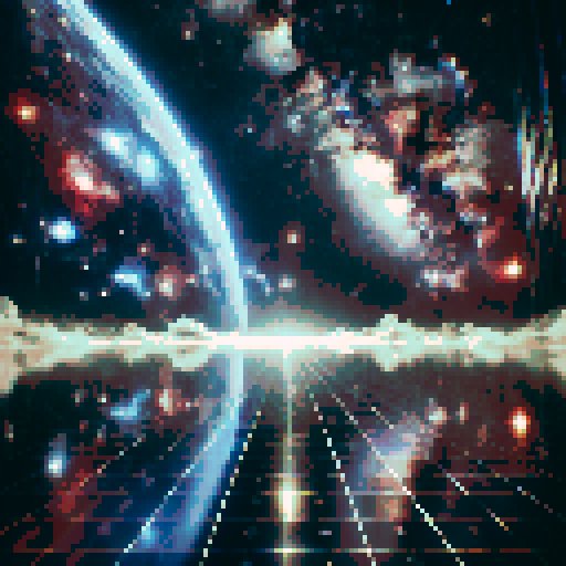 A celestial arena with a glossy, reflective black floor. The background features swirling cosmic clouds, faint stars, and auroras blending into a vast, starry sky