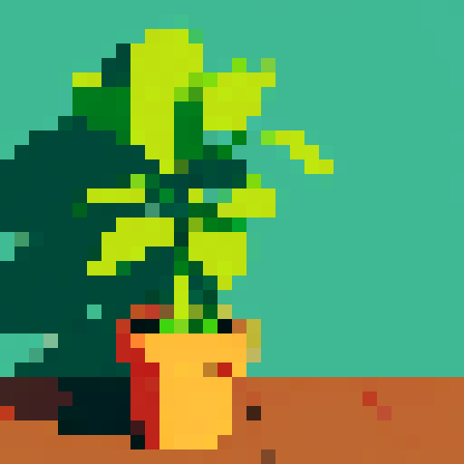 potted plant, vibrant green leaves, sunlight streaming through, pixel art, sRGB