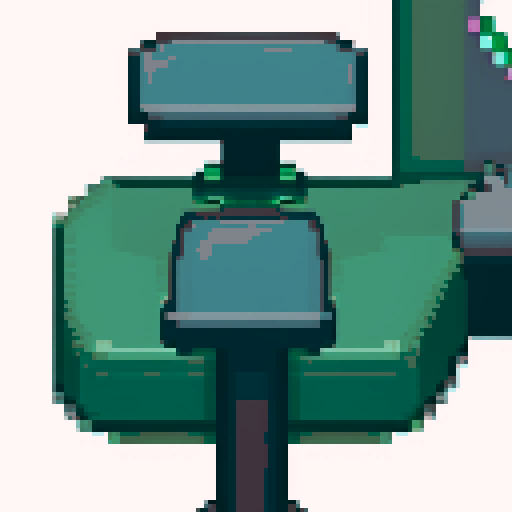 pixel art gamer chair, vibrant green color, retro style, square-shaped cushions, ergonomic design, sleek armrests, high backrest, sRGB color profile