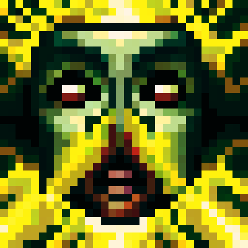 Psychosis, distorted facial features, pixelated details, sRGB palette, close-up shot, skill art, intense gaze, game icon, 32x32 pixel art, close-up portrait