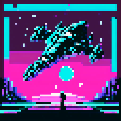 16-bit pixel art spaceship, blocky silver hull with rust patches, glowing cyan engines at the back, long cyan-magenta hyperspace trail streaming behind, black starry background, SNES retro style, 64x64px grid, limited 16-color palette, sharp pixel edges