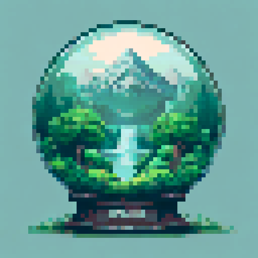 A circular glass dome containing a serene landscape.
At the center, a tall, majestic mountain with jagged peaks stands against a pastel sky.
In front of the mountain, a cascading waterfall flows into a calm river surrounded by lush green trees.
The foreground features various green plants, bushes