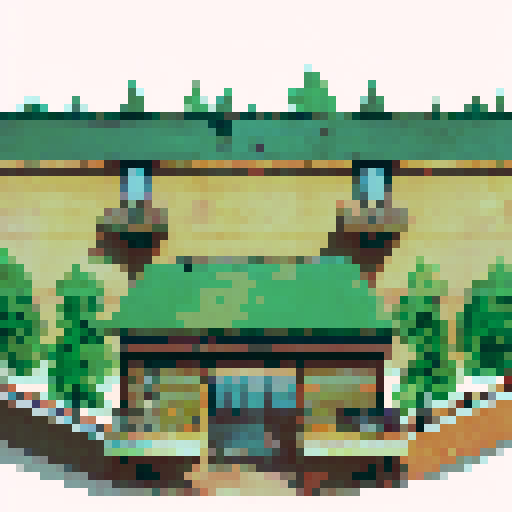 "Rustic military barracks with towering brick walls and a weathered metal roof, surrounded by lush greenery and a dusty training field, rendered in a gritty, hand-drawn style."