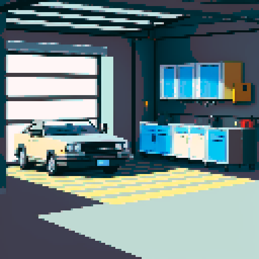 Large garage with cars, gray, asphalt, table, tools, car parts, pixel art