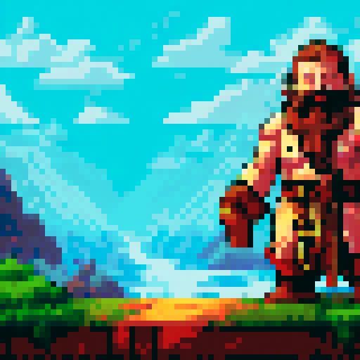humble dwarf cleric, adorned with sun god symbols, pixel art, sRGB, background, landscape