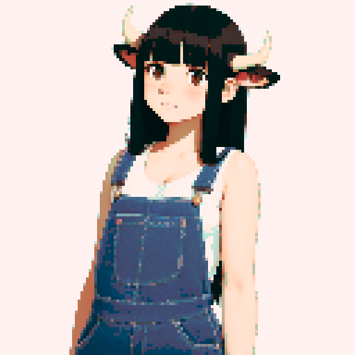 neutral anime cow girl, black long straight hair, front bangs, cream cow horns, brown cow ears with pink inside, large brown eyes, soft sparkle in eyes, neutral expression, calm face, small closed mouth, relaxed eyebrows, cow-themed outfit, cow print overalls (dark denim with black splotches), cream low-cut tank top underneath, slight visible cleavage, arms straight down at sides, soft posture, centered composition, standing idle, no movement, soft shading, clean outline, no background