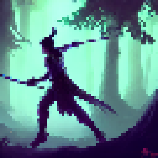 Ninja warrior, leaping through a mystical forest, wields a glowing katana against shadowy demon enemies in a dynamic fantasy RPG style concept art.