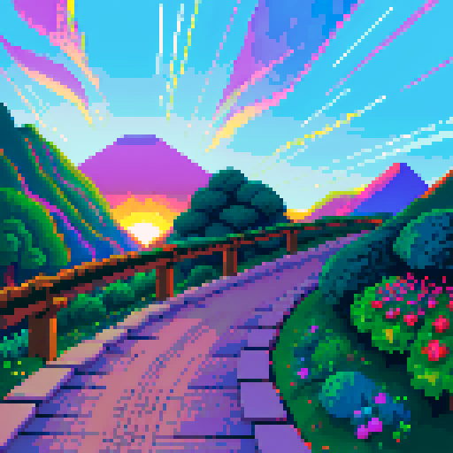 long winding pathway, vibrant colors, retro video game aesthetic, isometric perspective, lush greenery, charming pixelated flowers, shimmering waterfall, towering mountains, dramatic sunset sky, nostalgic 8-bit style